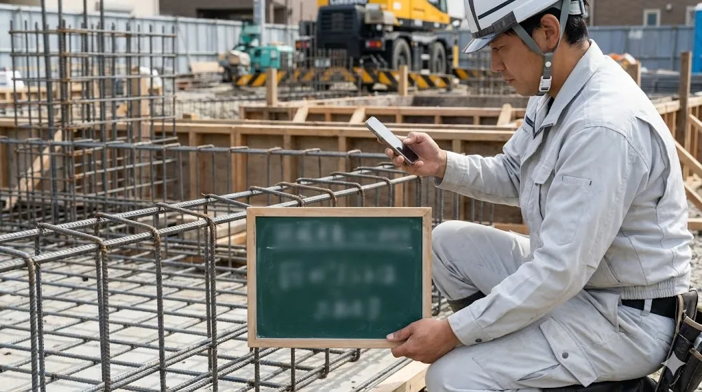 建設現場において、作業服を着た男性がスマートフォンを使い、工事用の黒板と一緒に配筋箇所の写真を撮影している様子。背景には鉄筋が組まれた現場風景が広がり、昼間の自然な光に照らされている。写真タッチのリアルな画像。文字やロゴは一切含まない。