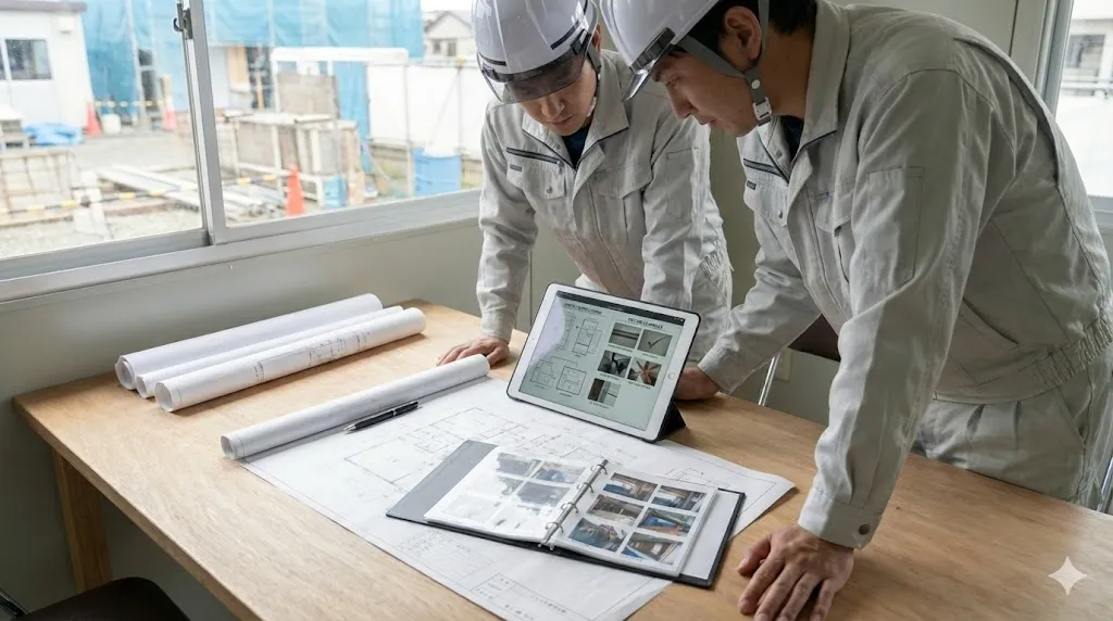 建設現場の事務所内で、現場監督と協力会社の作業員がタブレット端末の画面を見ながら、工事写真の撮影ルールについて打ち合わせをしている光景。テーブルには図面が広げられており、真剣かつ協力的な雰囲気。写真タッチのリアルな画像。文字やロゴは一切含まない。