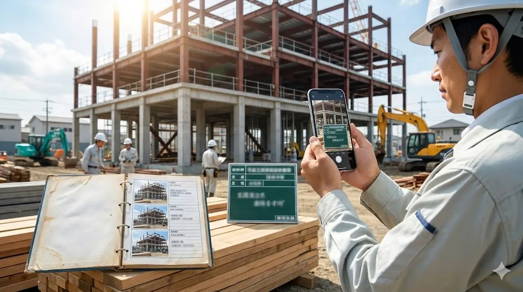 建設現場の屋外で、作業服を着た男性がスマートフォンを構えて工事箇所の写真を撮影している様子。画面にはデジタル化された黒板が表示されており、背後には建設中の鉄骨構造が見える。日差しが明るく、フォトリアルで鮮明な写真。