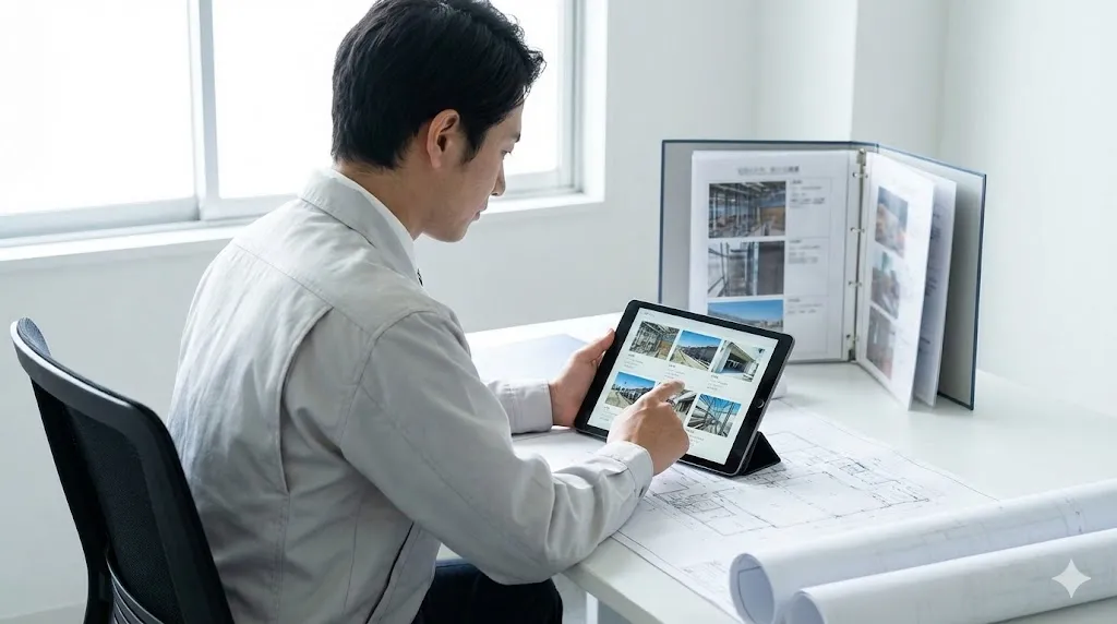 整理整頓されたオフィスで、施工管理者がタブレット端末の画面を指で操作しながら、きれいにレイアウトされたデジタル写真台帳を確認している場面。デスクの上には図面が広げられており、窓からは昼間の自然光が入っている。高品質でプロフェッショナルな雰囲気の写真。