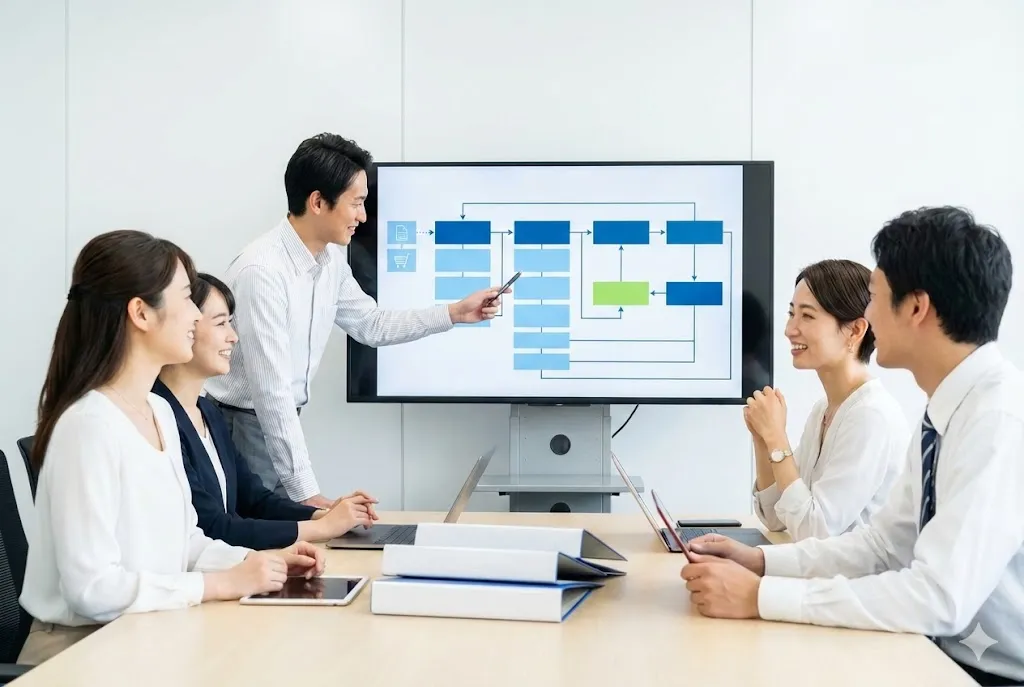 標準化されたマニュアルを参照しながら、若手社員が電子納品のデータ作成を円滑に行っているシーン