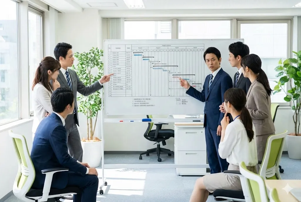 プロジェクトチームがスケジュールボードを確認する様子