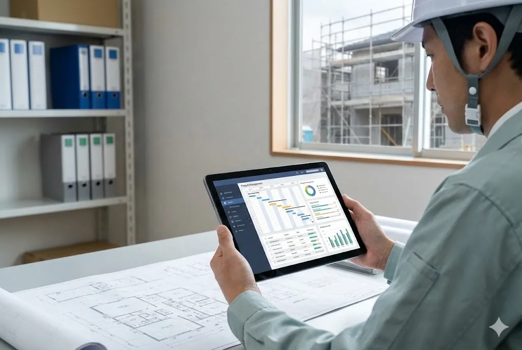 タブレットでデジタル工程管理システムを操作する様子