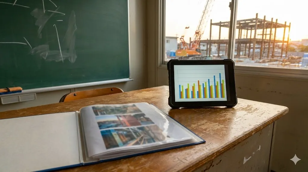 清潔感のある近代的な工場の管理室で、タブレット端末を手に持ちながら製造ラインを確認する品質管理担当者の背中。