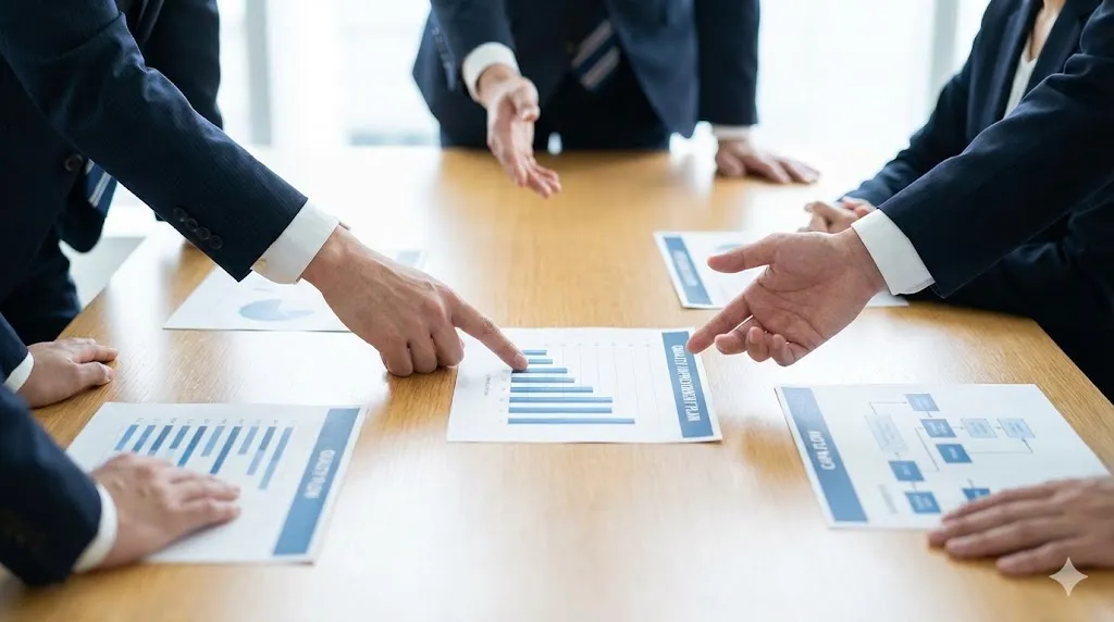 明るい会議室で、机の上に広げられた品質報告書やグラフが描かれた資料を指さしながら、数人のスタッフが改善策を検討している手元のアップ。