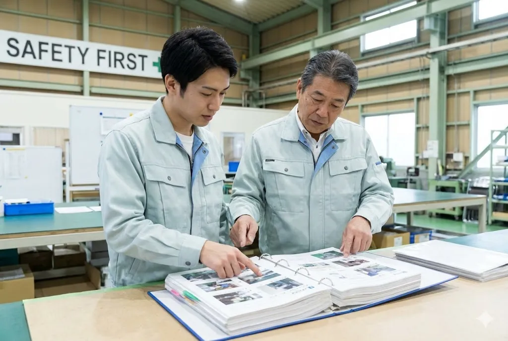 作業手順書を基に現場で安全確認を行う作業員たちの様子