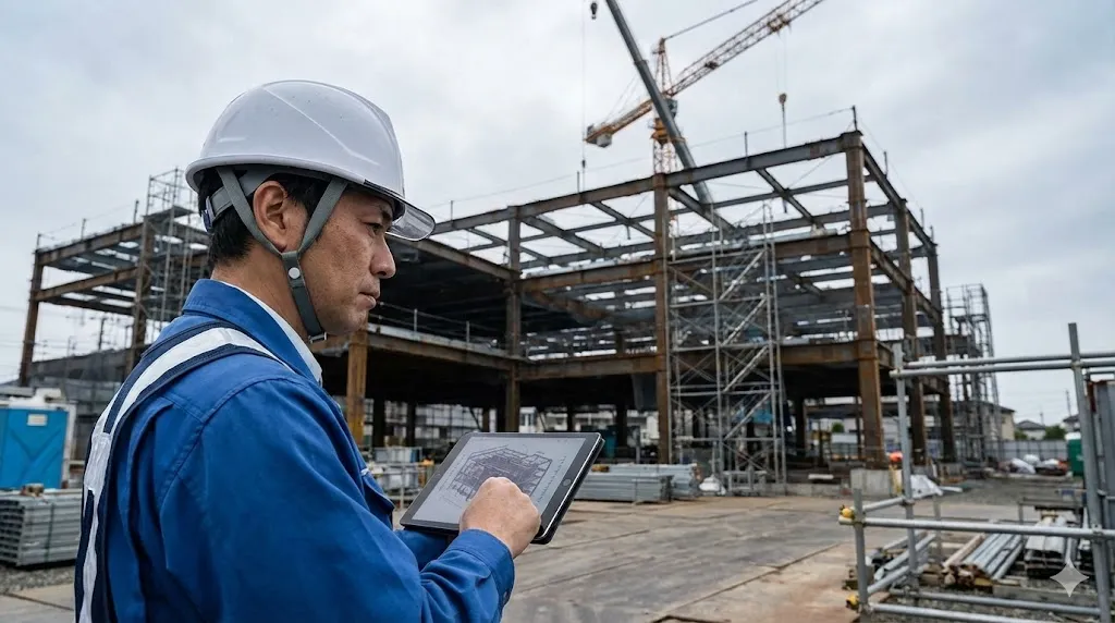 現場監督がタブレット端末を使用して建設現場の構造物と図面を照らし合わせ、施工ミスを確認している様子
