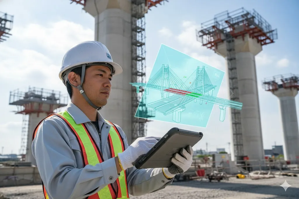 タブレット端末で橋のCIMモデルを確認する建設作業員