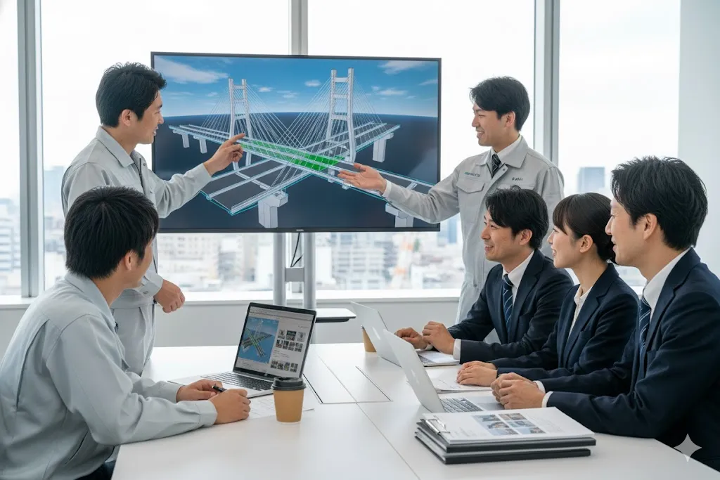オフィスのモニターでCIMモデルを見ながら議論する建設会社のチーム