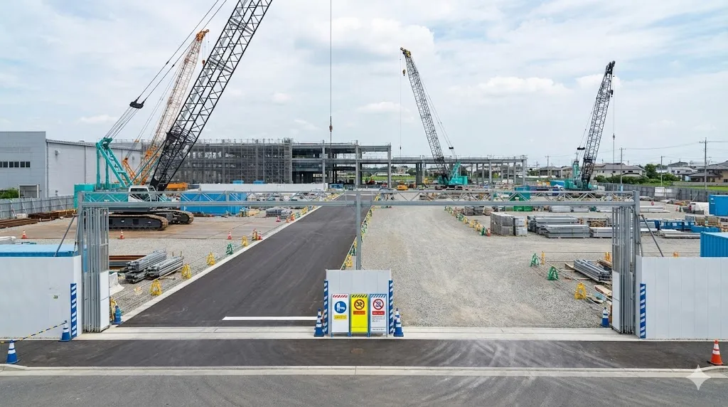 整理整頓されクレーンや搬入路が適切に配置された建設現場の風景