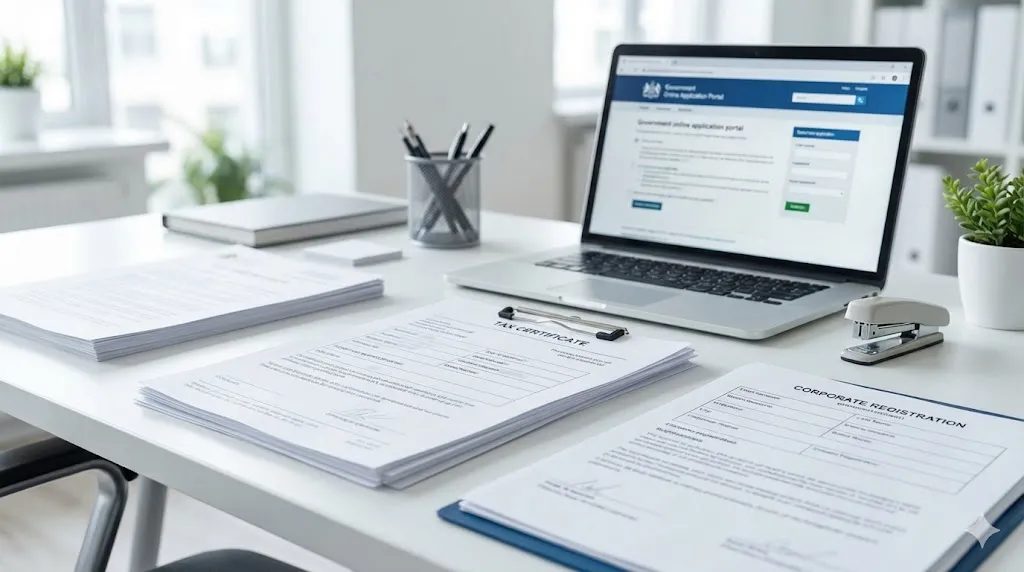 清潔感のある明るいオフィスのデスクで、整然と並べられた納税証明書や登記事項証明書などの公的書類の整理シーン