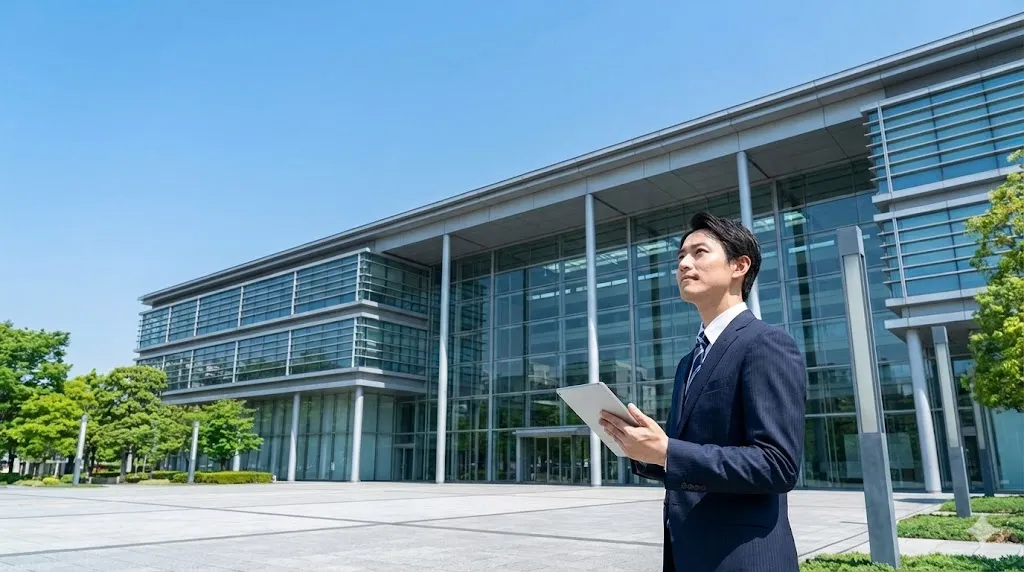 近代的な官公庁の建物を見上げるビジネスパーソンの風景