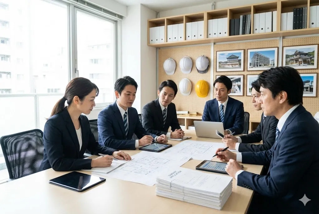 建設業の経営陣が最新の基準に合わせて事業計画をブラッシュアップしている様子