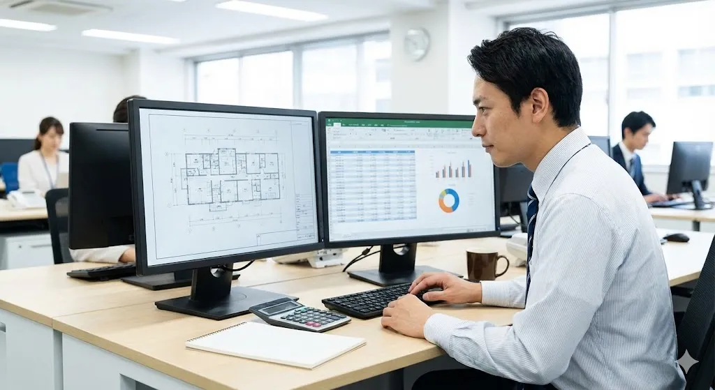 オフィスで設計図と積算ソフトのデータを照合しながら施工単価を算出する積算担当者