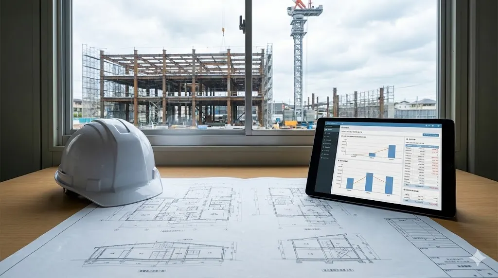 現場の状況を確認しながら精緻な計算を行っているプロフェッショナルな雰囲気の風景写真