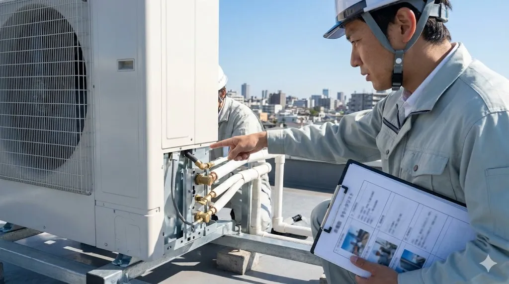 屋上で大型の空調室外機の設置状況をチェックリストで確認する作業員