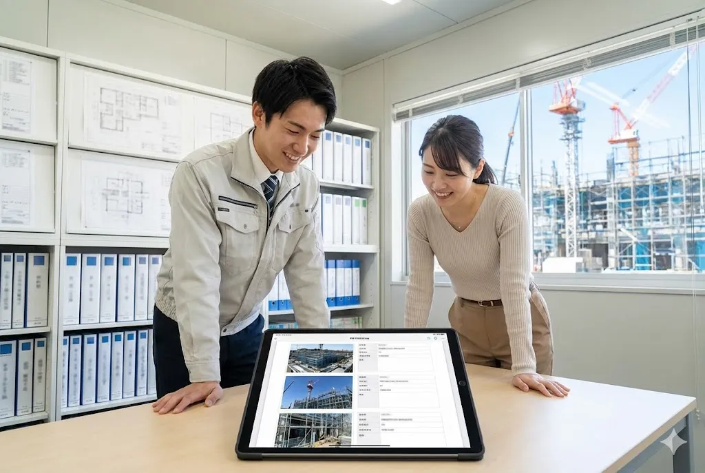 タブレット端末を活用して効率的に打ち合わせを行う建設会社のスタッフ