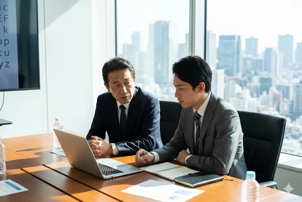 行政書士と打ち合わせを行う建設会社の経営者