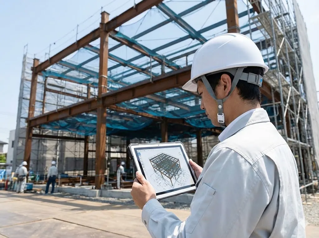 建設現場でデジタルデータを確認する様子