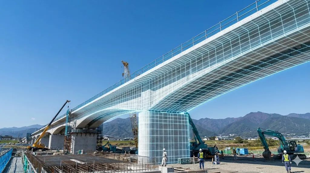 建設中の橋梁にデジタルデータが重なり、部材の寸法や材質が表示されているイメージ