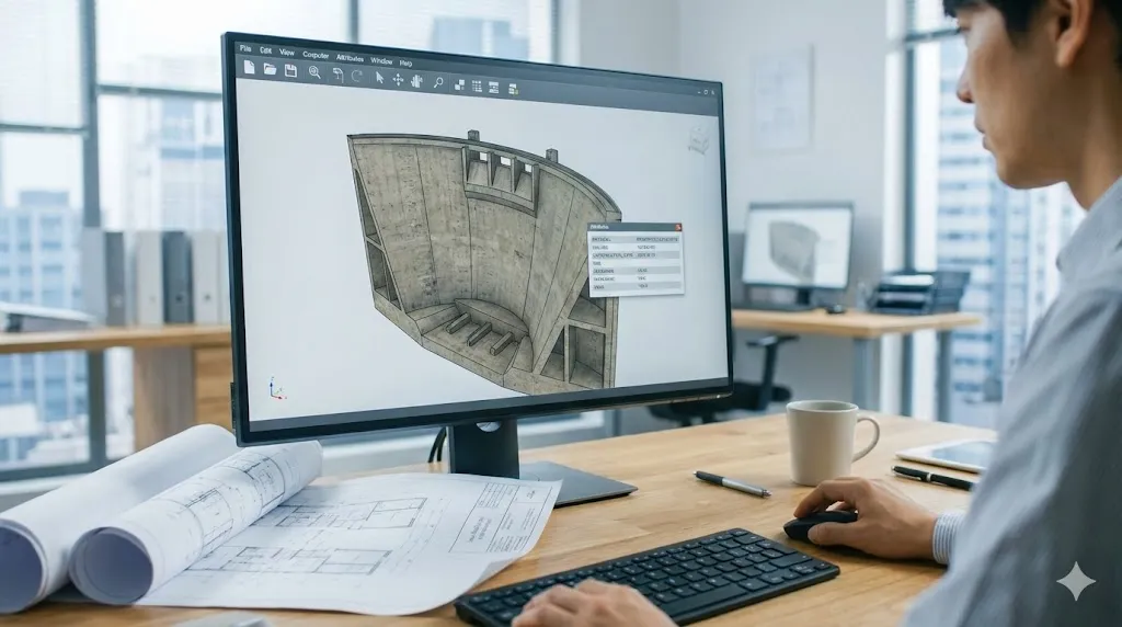 エンジニアがモニターでダムの精密な3Dソリッドモデルと属性情報を確認している様子