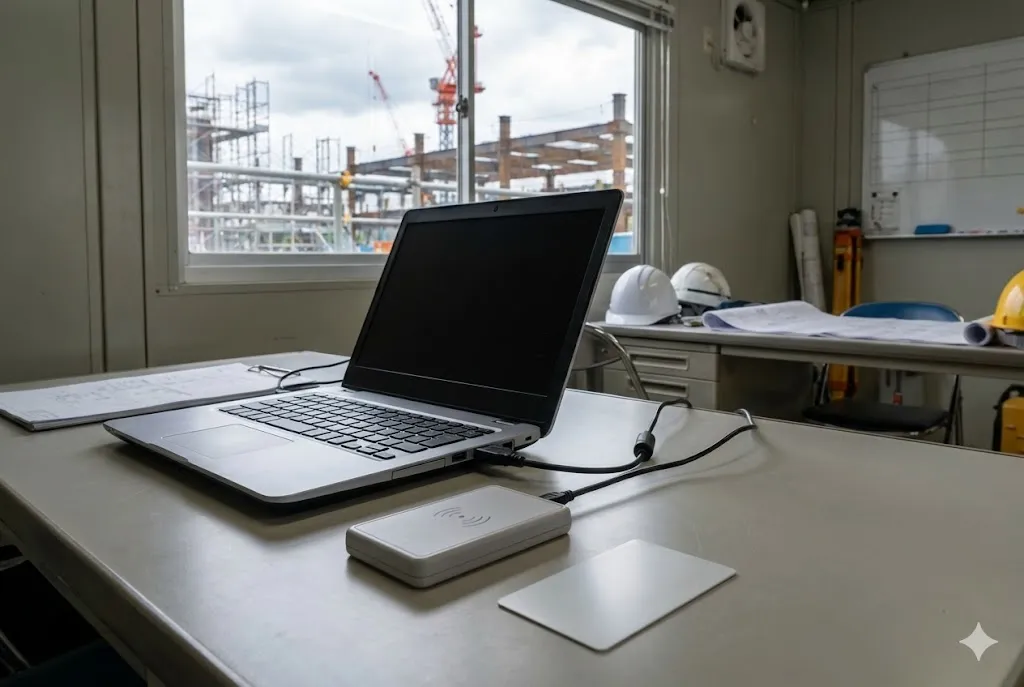 現場事務所のデスクに設置されたUSB接続のICカードリーダー