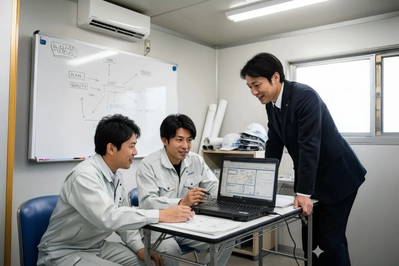 NETIS技術を選定するためオフィスで議論する建設会社のスタッフ