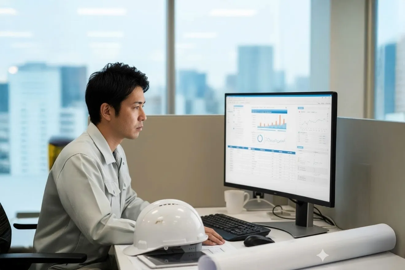 パソコンでNETISデータベースの評価を確認する技術者