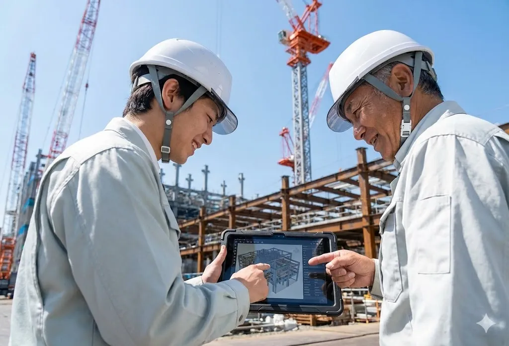 建設現場でタブレットを使い図面データを確認しながらコミュニケーションを取る技術者たち