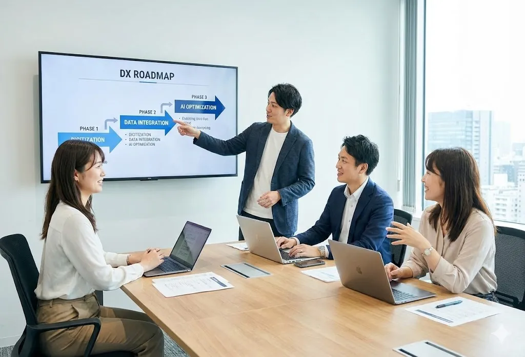 DX推進ロードマップを共有し経営層と現場リーダーが議論する様子