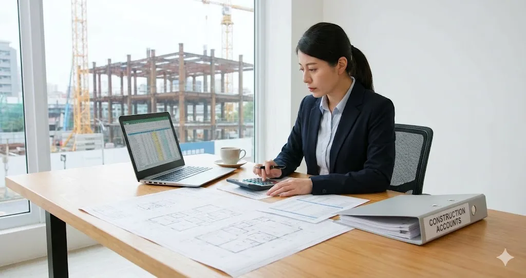 明るく清潔感のあるモダンなオフィスで、プロフェッショナルな会計士がデスクに座り、建設プロジェクトの図面や複雑な財務書類を広げて、電卓とノートパソコンを使いながら慎重に計算を行っている風景