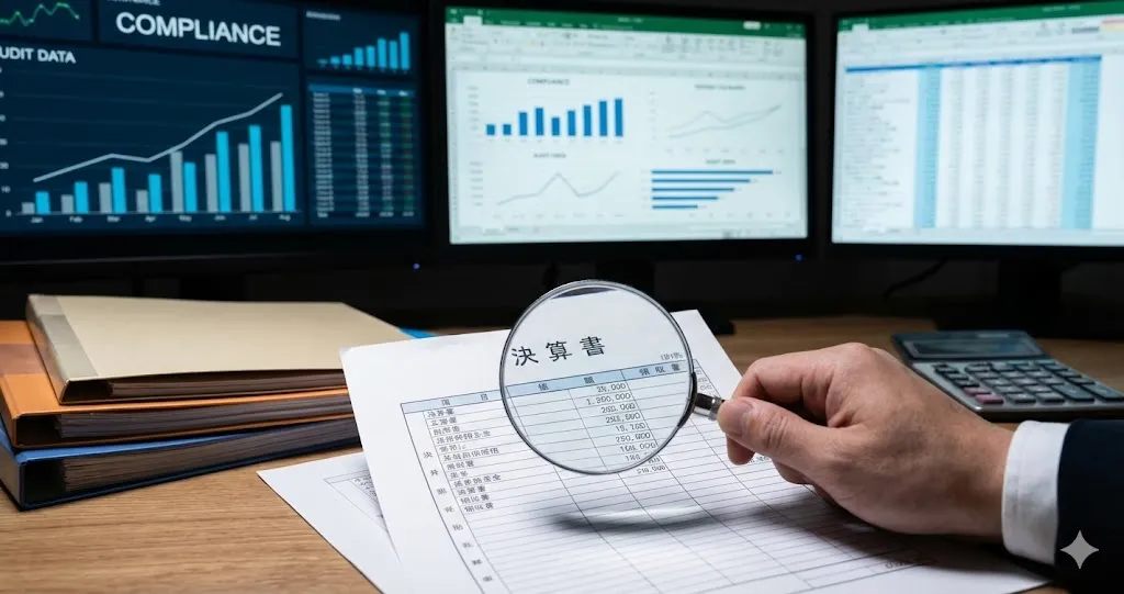 企業の内部監査や税務調査をイメージした、虫眼鏡を通して決算書や領収書などの帳簿書類の数字を細かくチェックしている手元のクローズアップ写真