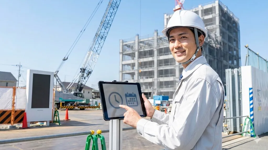 建設現場でタブレットを使用して勤怠入力を行う作業員のイメージ
