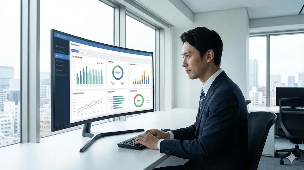 オフィスでクラウドシステムを活用して労働環境を管理する人事担当者のイメージ