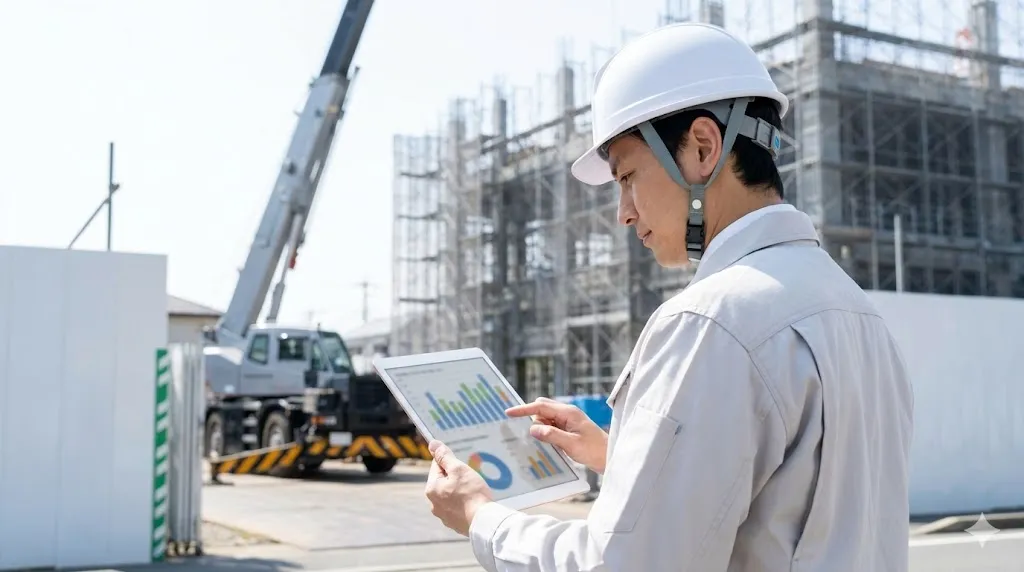デジタル端末を活用して現場の進捗や労務状況を確認する建設管理職