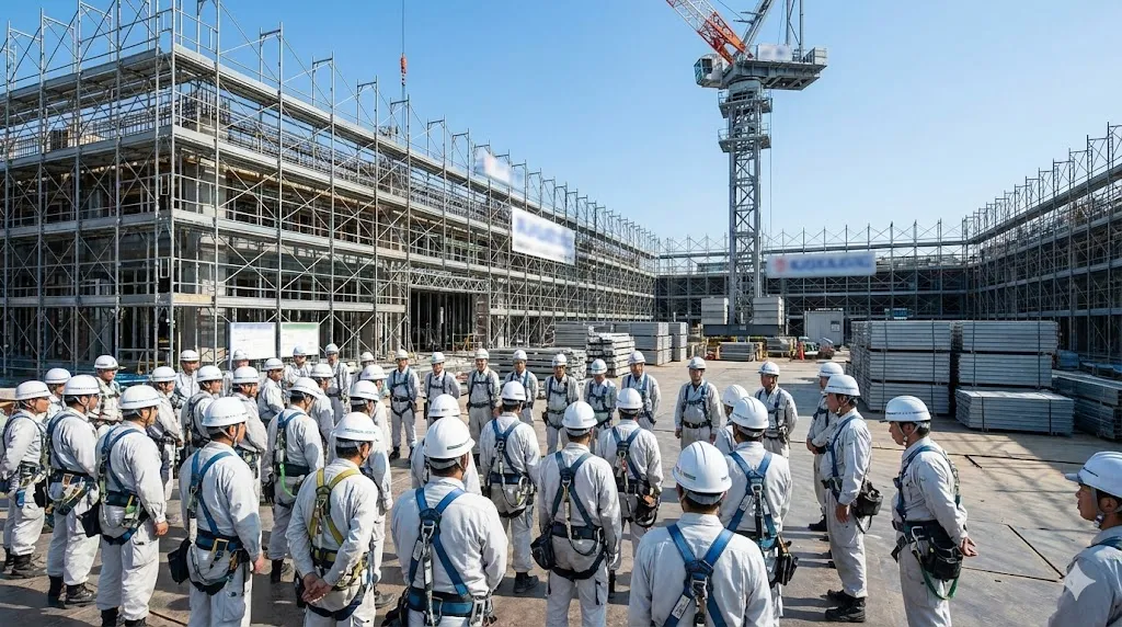 建設現場で安全装備を身につけ、安全確認のミーティングを行う責任者と作業員たち