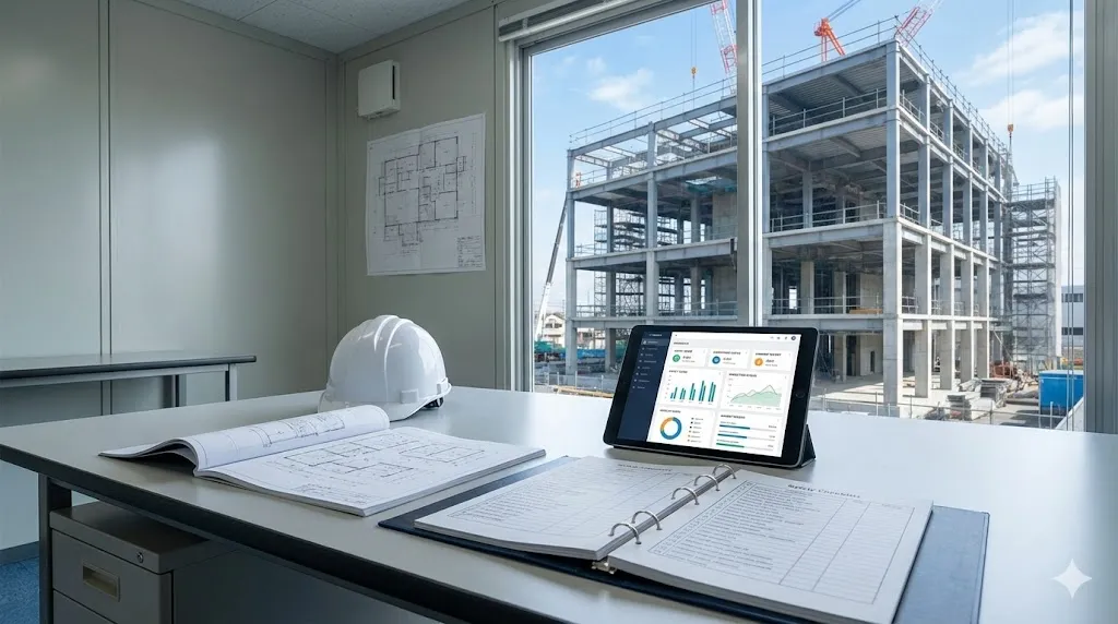 建設現場の事務所内でデジタル端末を活用し、安全管理体制を確認する現場責任者