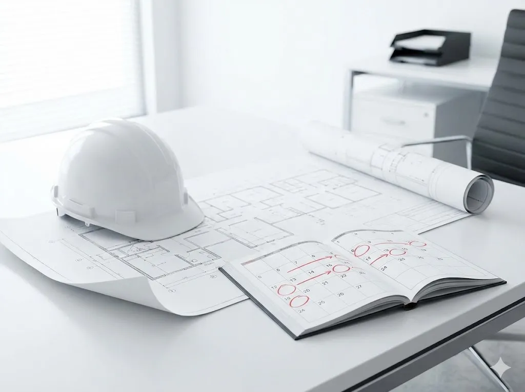 建設現場のデスクに置かれたスケジュール表とヘルメットの写真