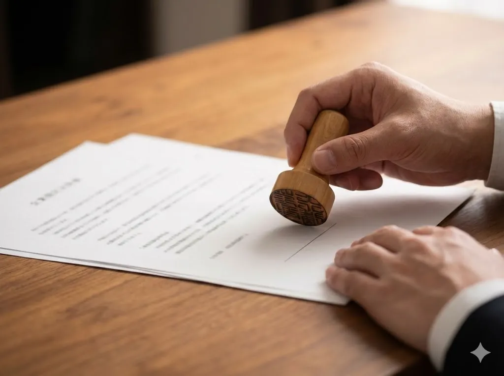 登記書類と会社の印鑑を準備する様子の写真