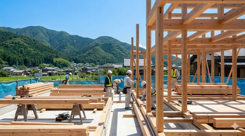 建設現場で地元の木材を活用し地域資源を循環させている様子