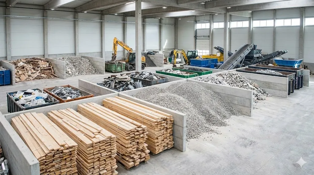 解体現場から回収された資材が再資源化のために分類されている様子