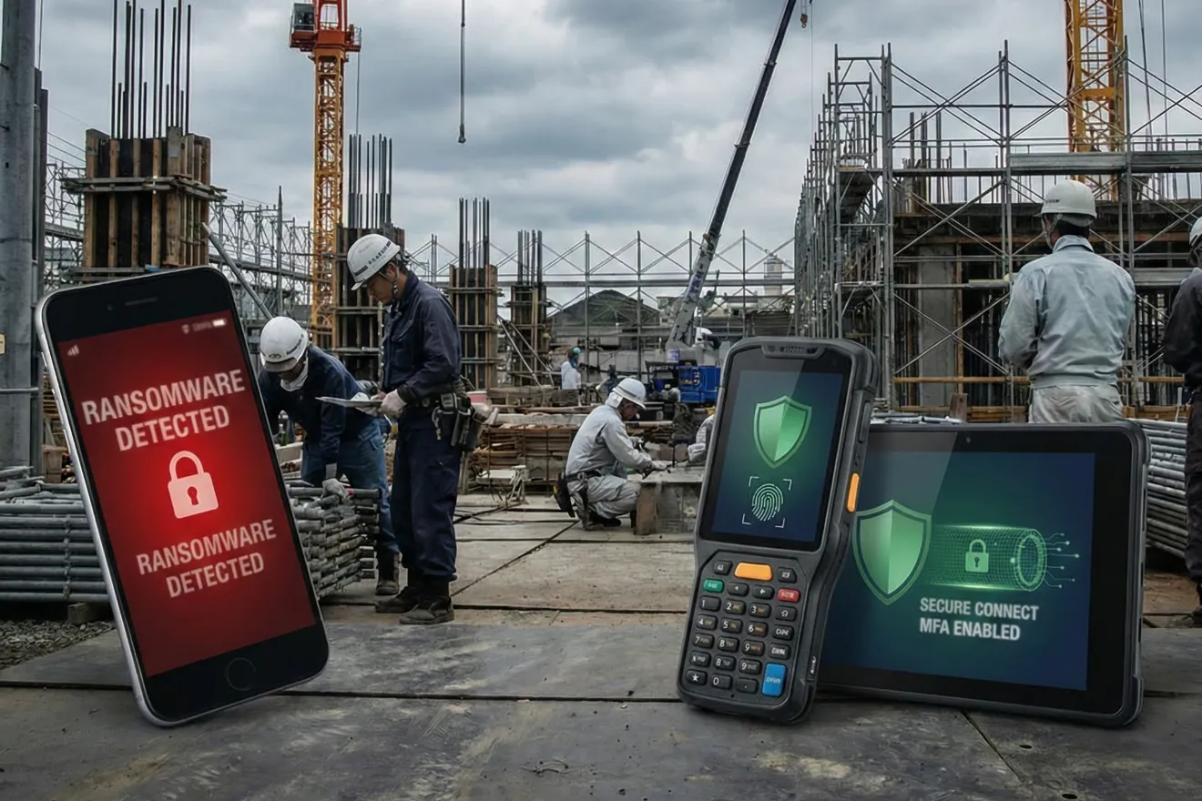 建設現場で警告が表示されたスマートフォンを確認する作業員