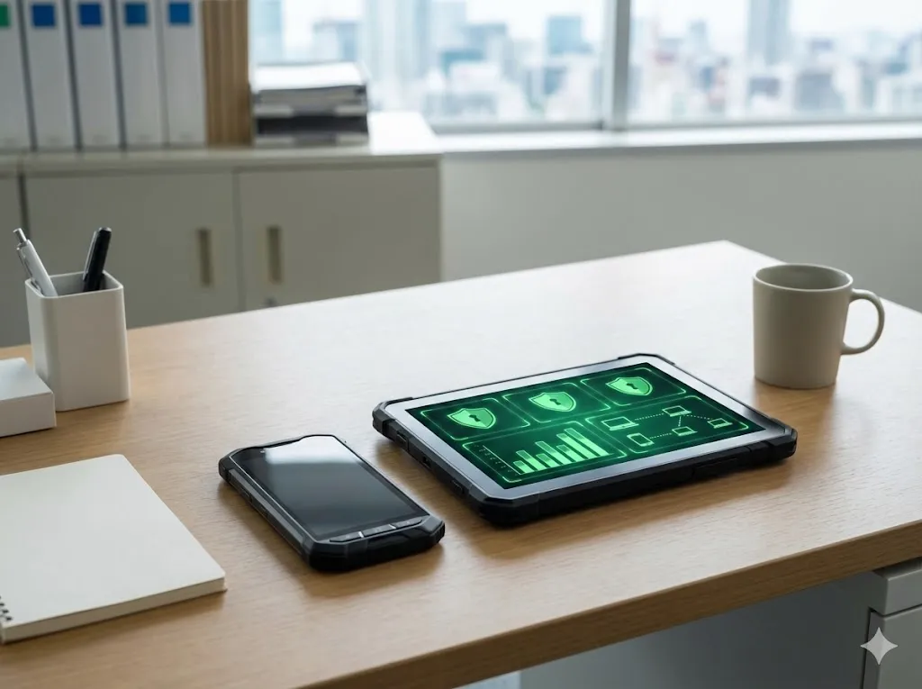 オフィスで一括管理される現場専用端末と管理画面