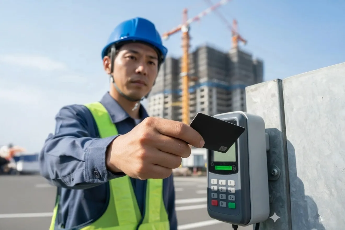 ヘルメットをかぶった作業員が現場のカードリーダーにICカードをかざしている