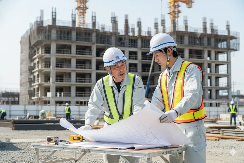 建設現場でベテラン作業員が若手作業員に指導している