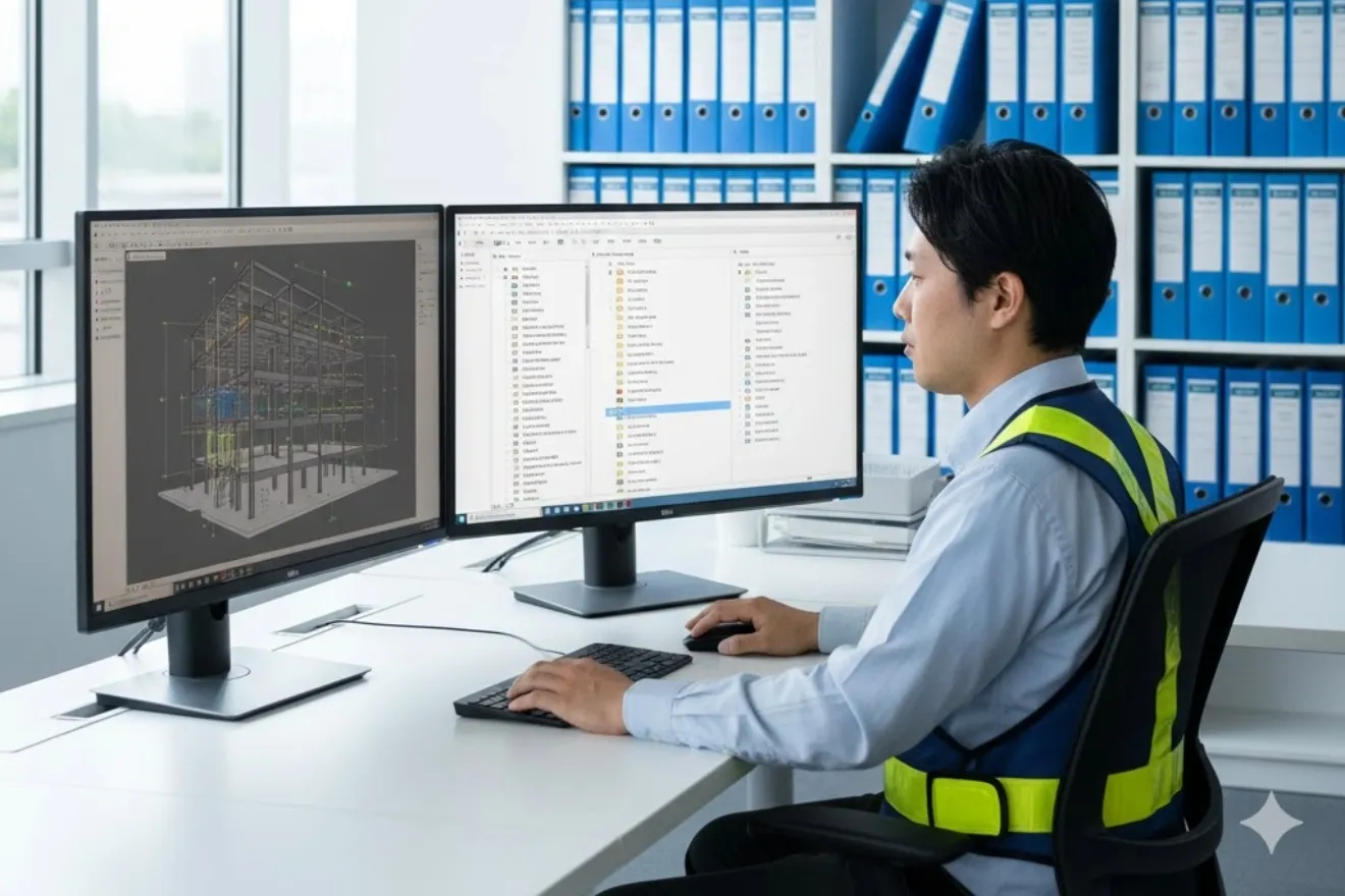 建設会社のオフィスでデジタルデータと紙の図面を照合する技術者