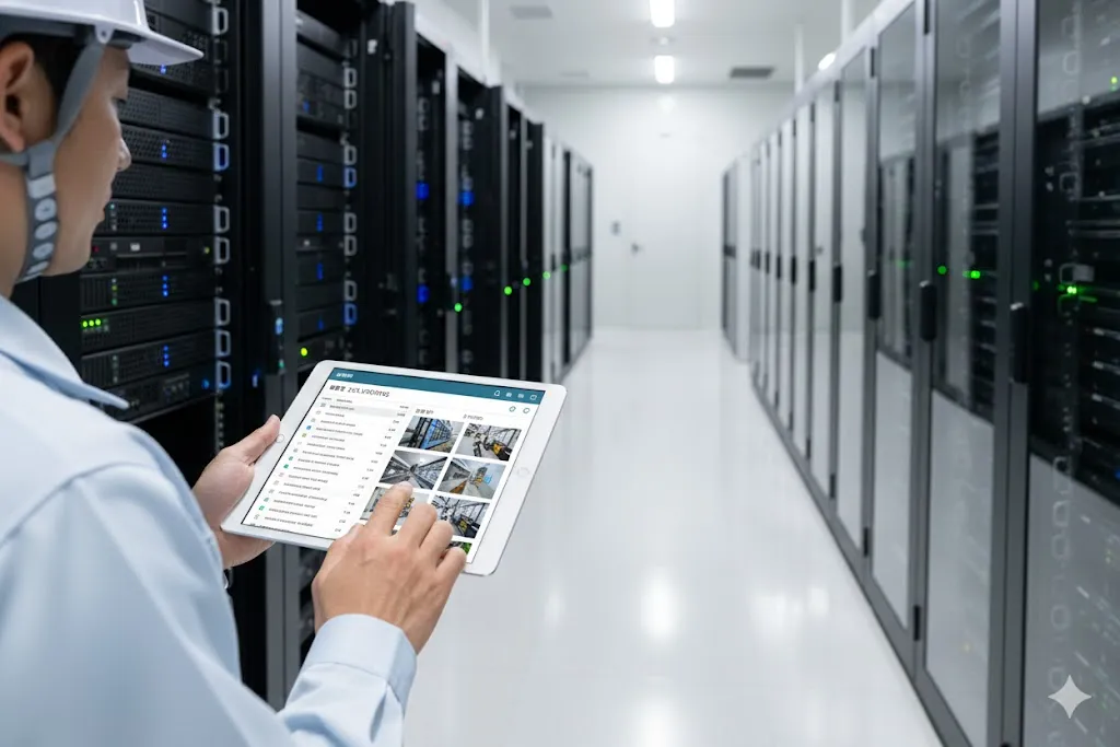 データセンターで整理されたデジタルデータを検索するエンジニア