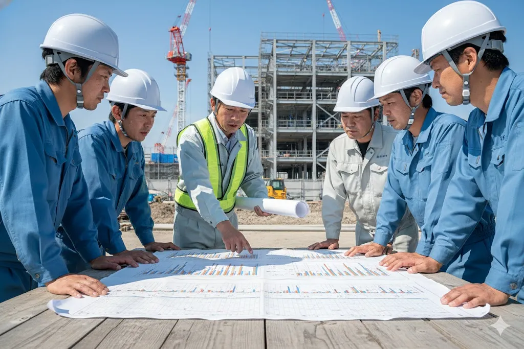 建設現場で図面を見ながら工程の打ち合わせを行う現場監督と作業員