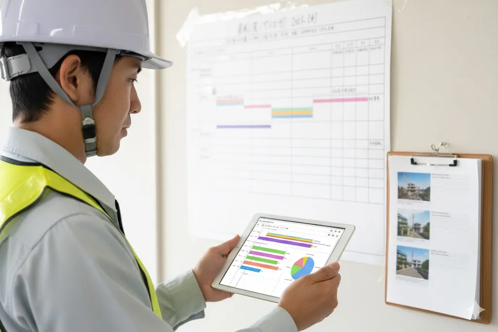 タブレットで進捗管理を行いながらチームと連携する現場リーダー