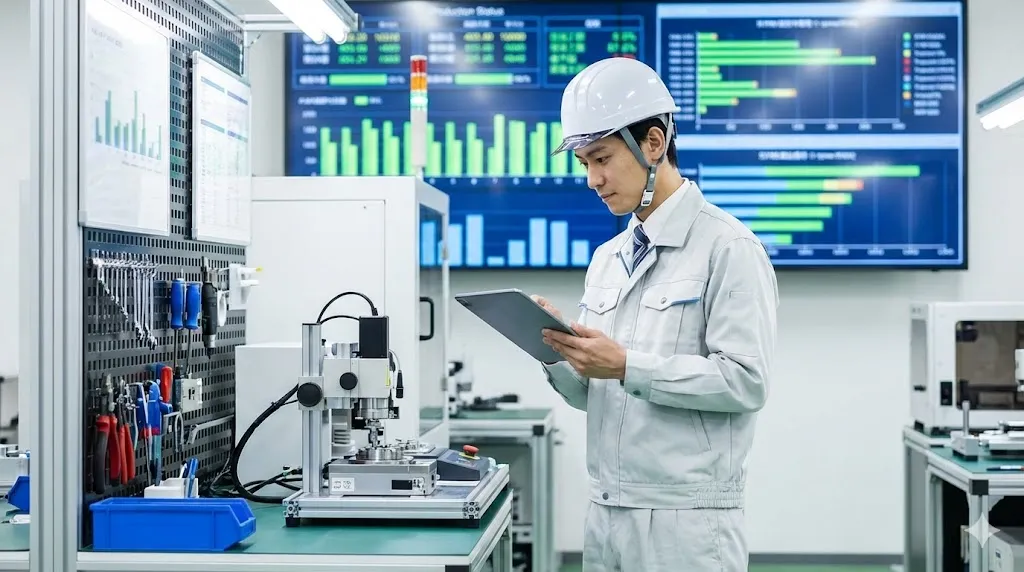 工場の製造ラインでスタッフがタブレットを確認しながら精密作業を行い、背景に生産管理ボードが見える風景